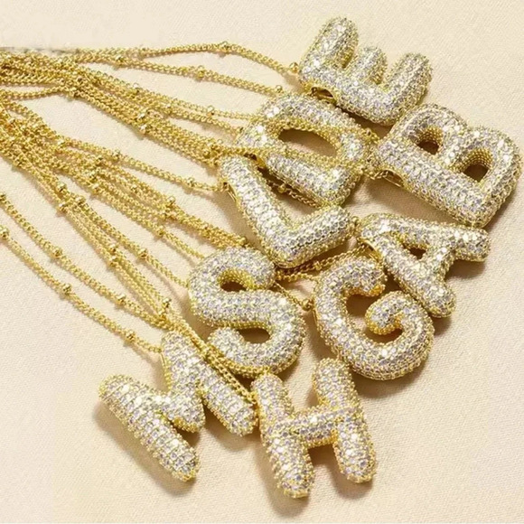 Gold Initial Necklace with Sparkling Letter Pendant" - Picture 3 of 15